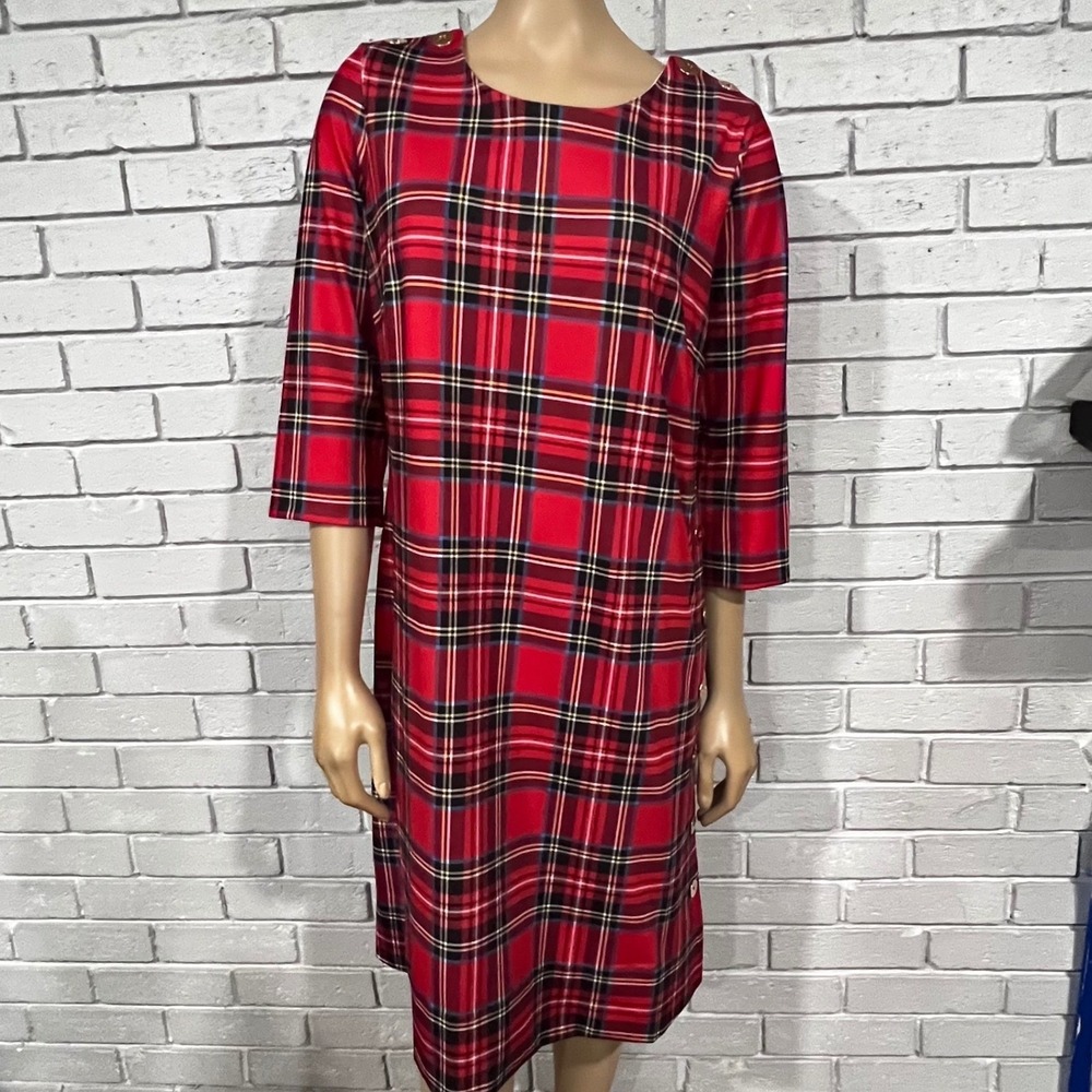 Gretchen Scott Red Tartan Plaid Shift Dress Gold Buttons Preppy Old Money L